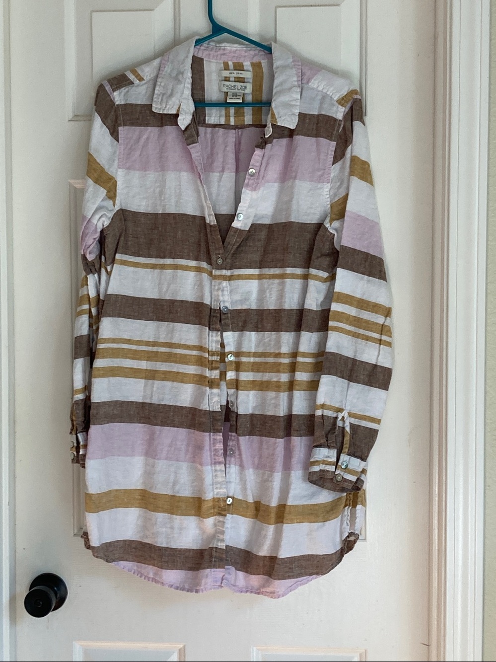 Rachel Zoe Striped Button-Down Shirt in White, Brown, Light Pink & Mustard
